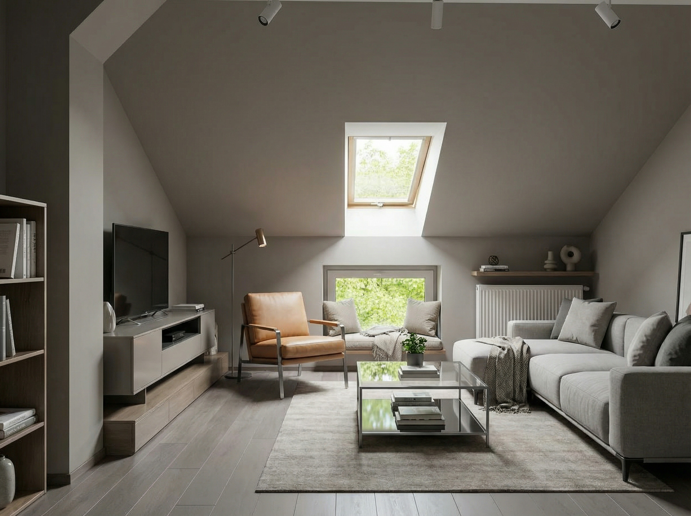 Widok modern living room indoor edytowany przez AI dla Fajny Domek bo Duży.