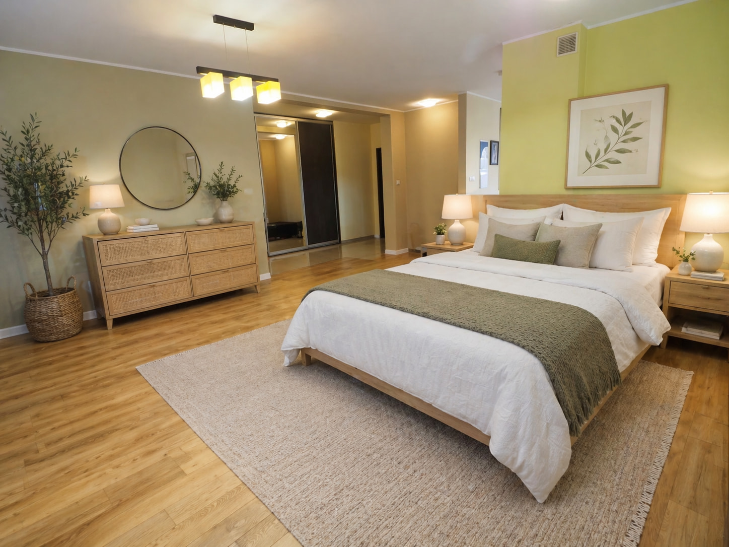 This inviting bedroom features a spacious king-size bed with crisp white linens and plush decorative pillows in muted green and beige tones, creating a serene atmosphere. A matc...