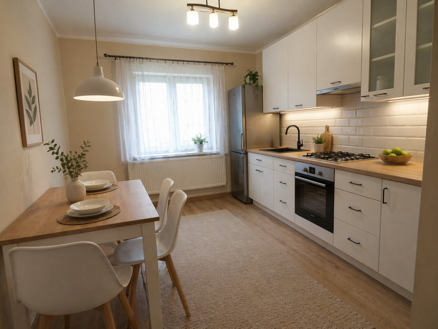 This modern kitchen and dining area is designed with functionality and style in mind. The kitchen features clean white cabinetry with minimalist black hardware, complemented by...