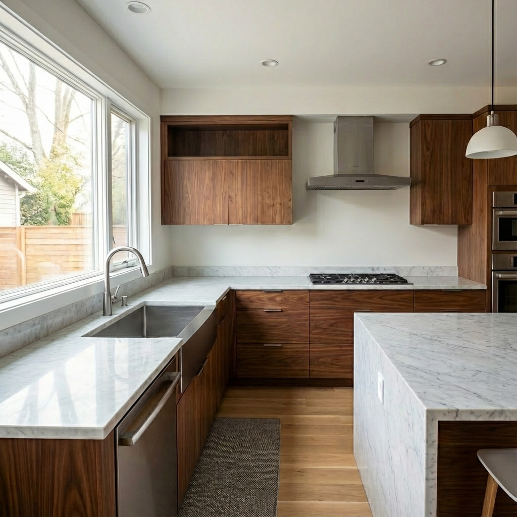 This bright and spacious kitchen features an L-shaped layout complemented by a central island, offering generous counter space and an efficient workflow. A large window above th...
