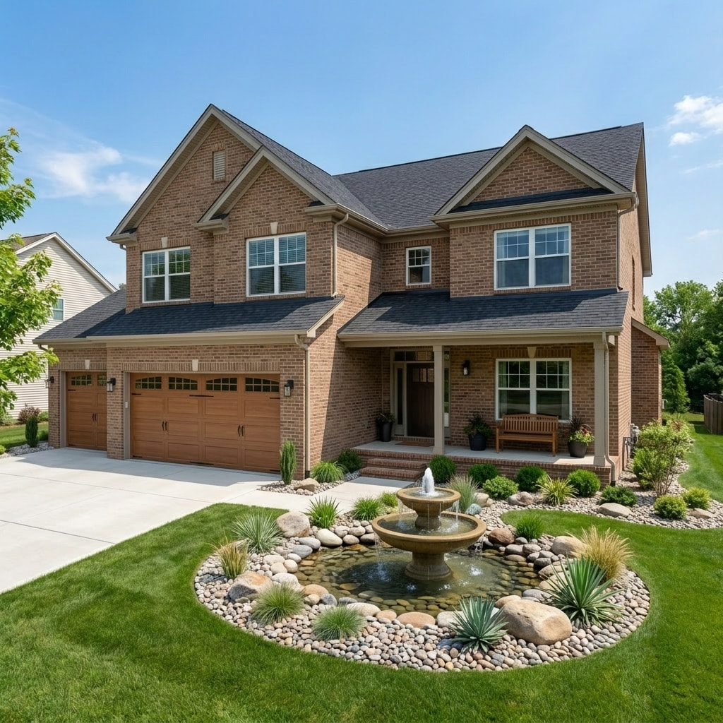 This impressive brick residence features a welcoming facade with a multi-level roofline and numerous large windows. A covered front porch with a classic wooden bench offers a co...