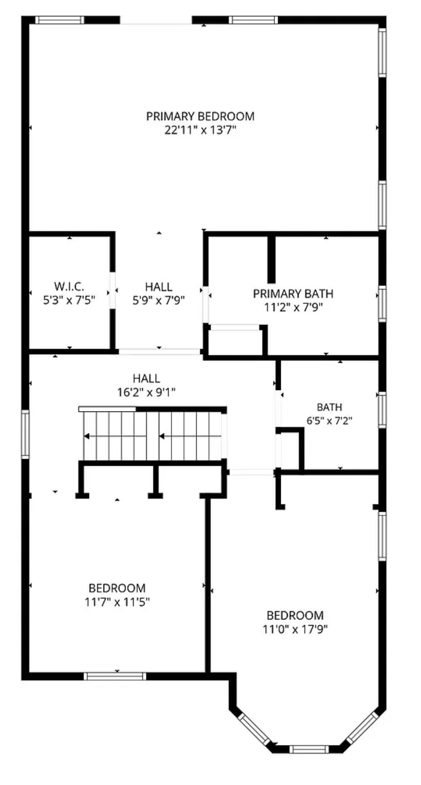 This floor plan outlines the upper level of a residence, featuring a primary bedroom suite and two additional bedrooms. The layout includes a spacious primary bedroom with an at...