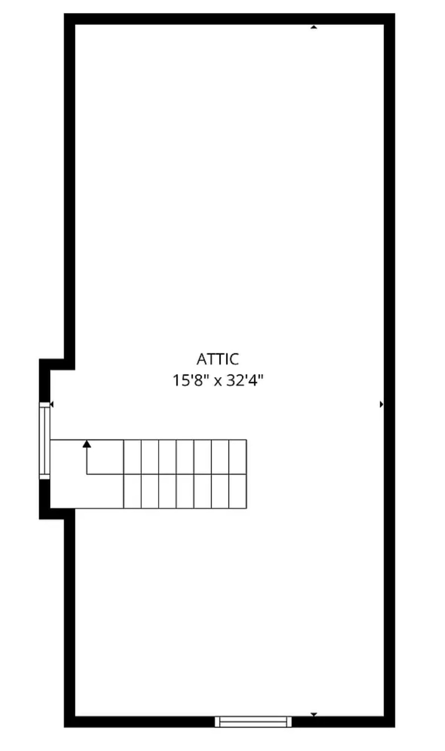 This floor plan depicts an attic space accessible via a staircase. The attic is a rectangular area measuring 15'8" by 32'4". The layout is simple, showing the main open space an...