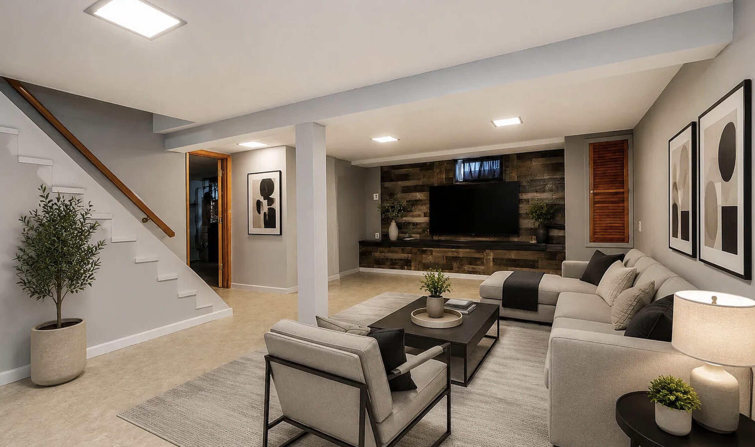 This spacious living area features a contemporary design with a focus on comfort and style. The room is anchored by a large sectional sofa and a modern armchair, both upholstere...