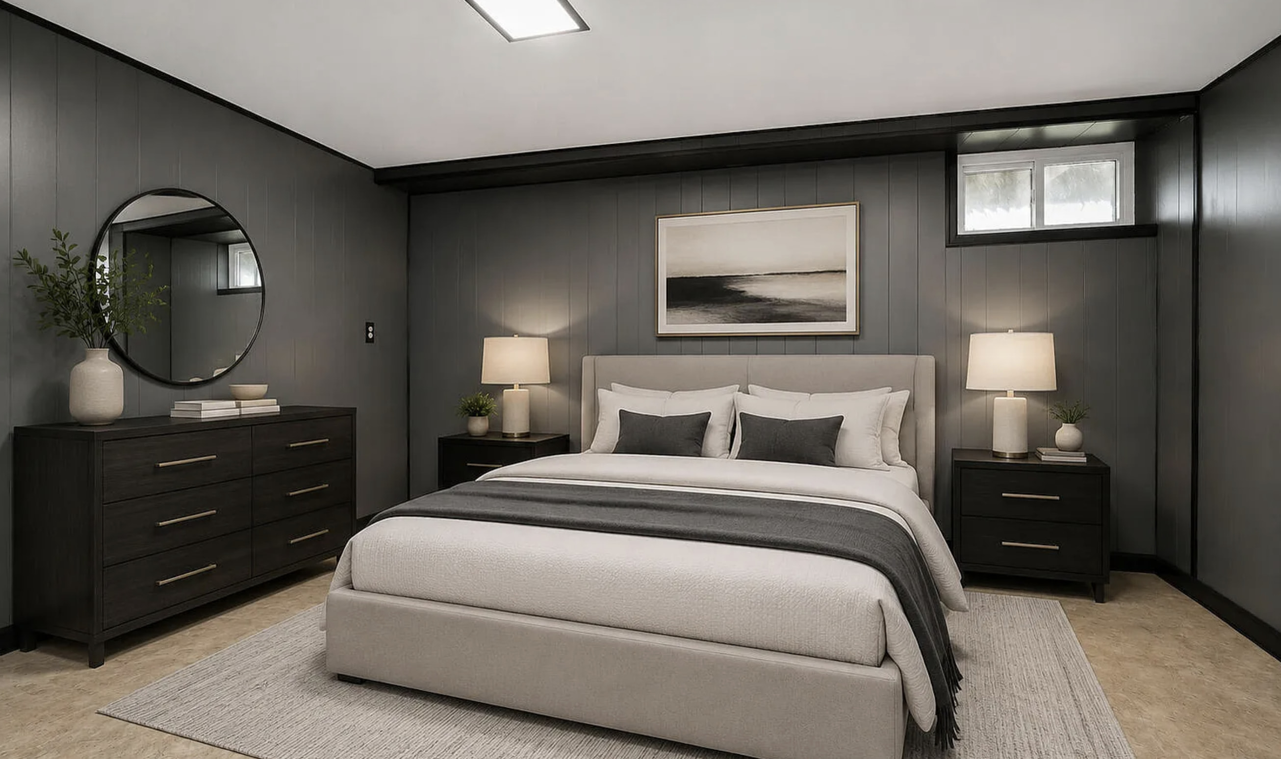 This primary bedroom offers a serene and contemporary retreat, featuring a sophisticated palette of charcoal gray walls and crisp white bedding. The room is thoughtfully appoint...