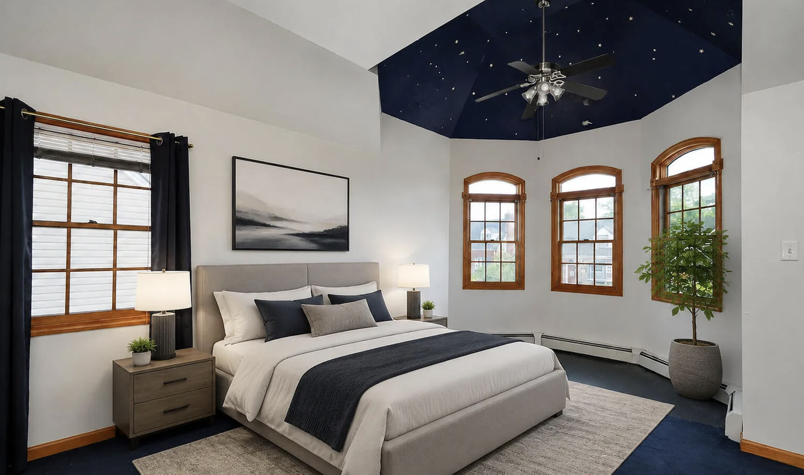 This primary bedroom features a dramatic vaulted ceiling painted a deep navy and adorned with a constellation of stars, creating a unique celestial ambiance. A modern ceiling fa...