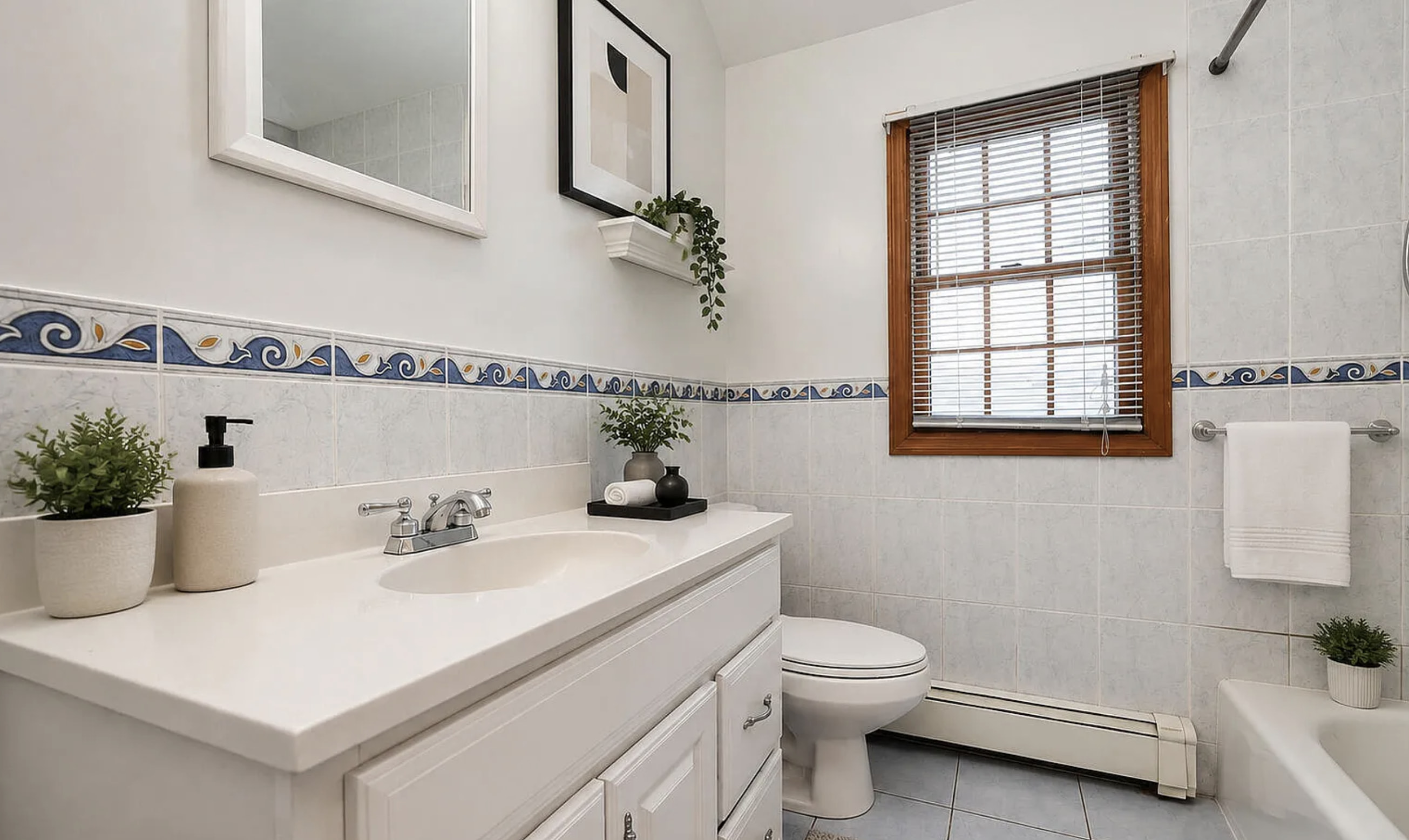 This bathroom features a classic design with light blue tiled walls and a decorative border. A white vanity with a quartz countertop provides ample storage, complemented by a mo...
