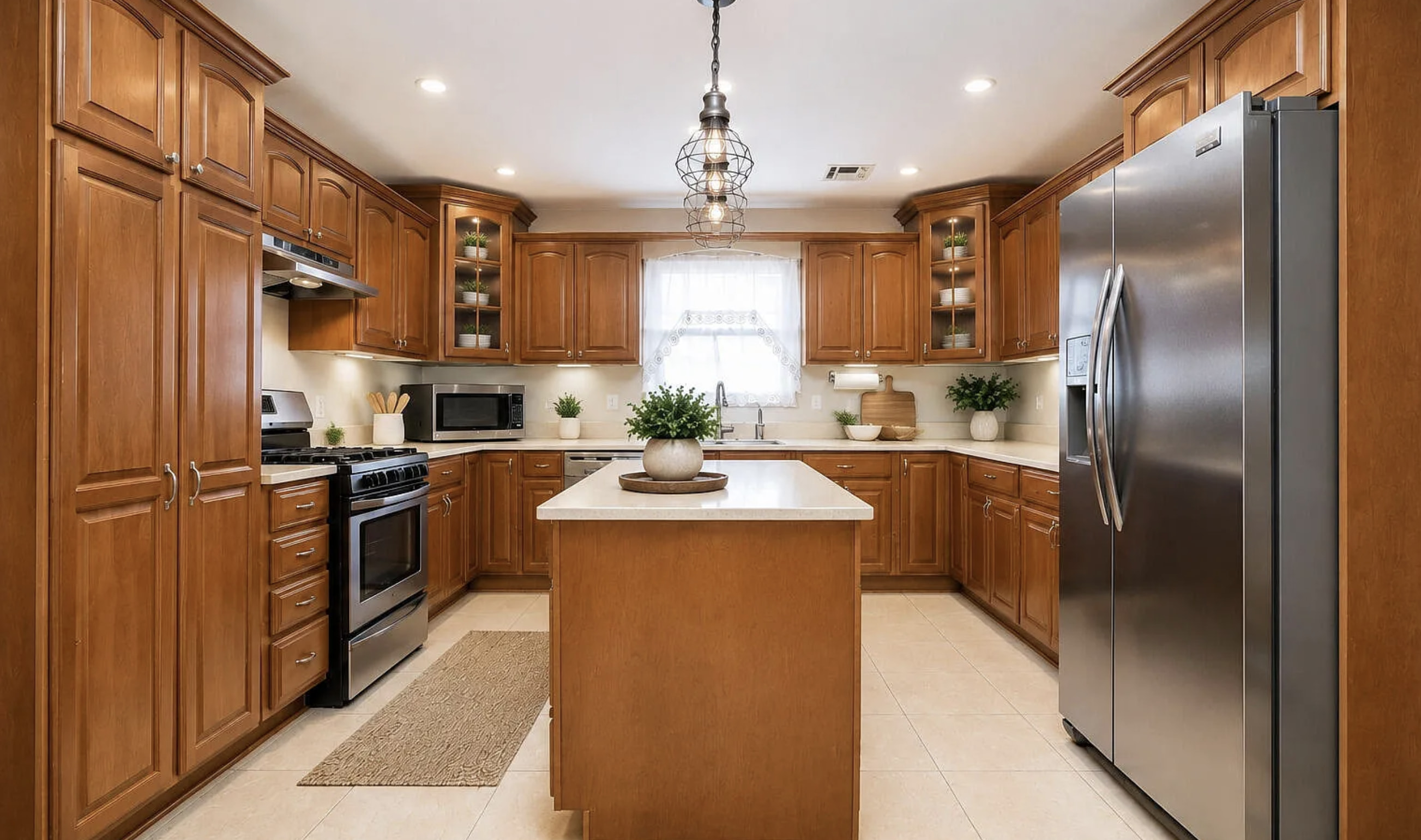This spacious kitchen features warm, honey-toned wood cabinetry with classic detailing, complemented by light-colored granite countertops. A central island provides additional p...