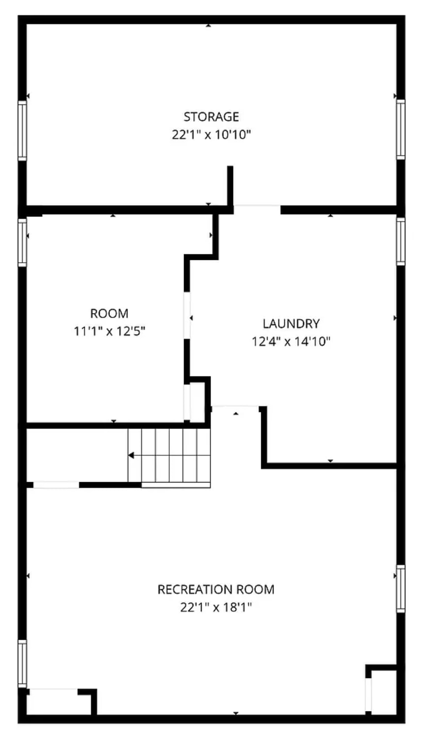 This floor plan outlines a basement level featuring a spacious recreation room, a dedicated laundry area, a storage room, and an additional versatile room. The layout is designe...