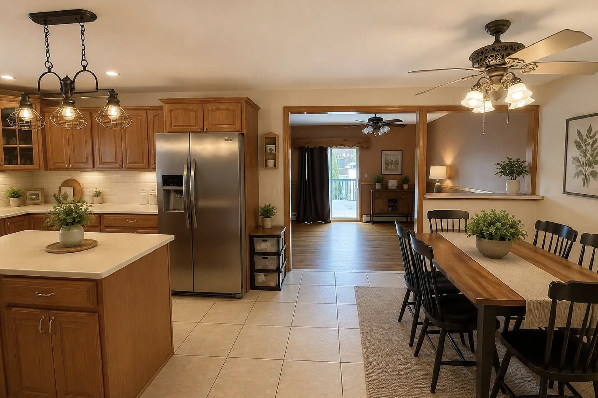 This spacious kitchen features warm wood cabinetry complemented by a light-colored tile backsplash and countertops. A large island with seating anchors the center of the room, p...