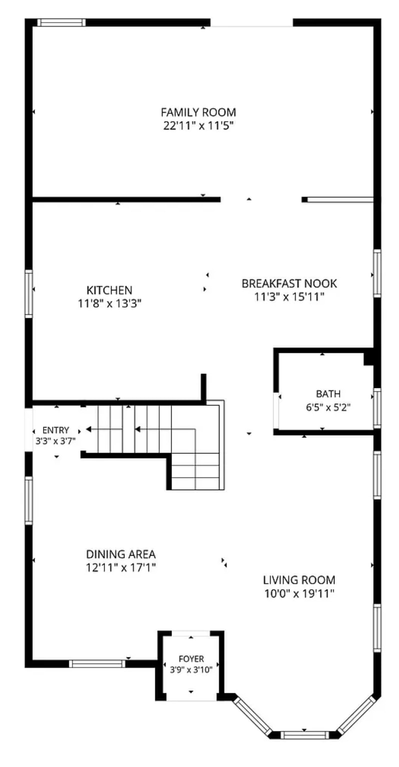 This floor plan outlines the main level of a home, featuring distinct living and entertaining areas. The layout flows from a formal foyer and living room into a spacious dining...