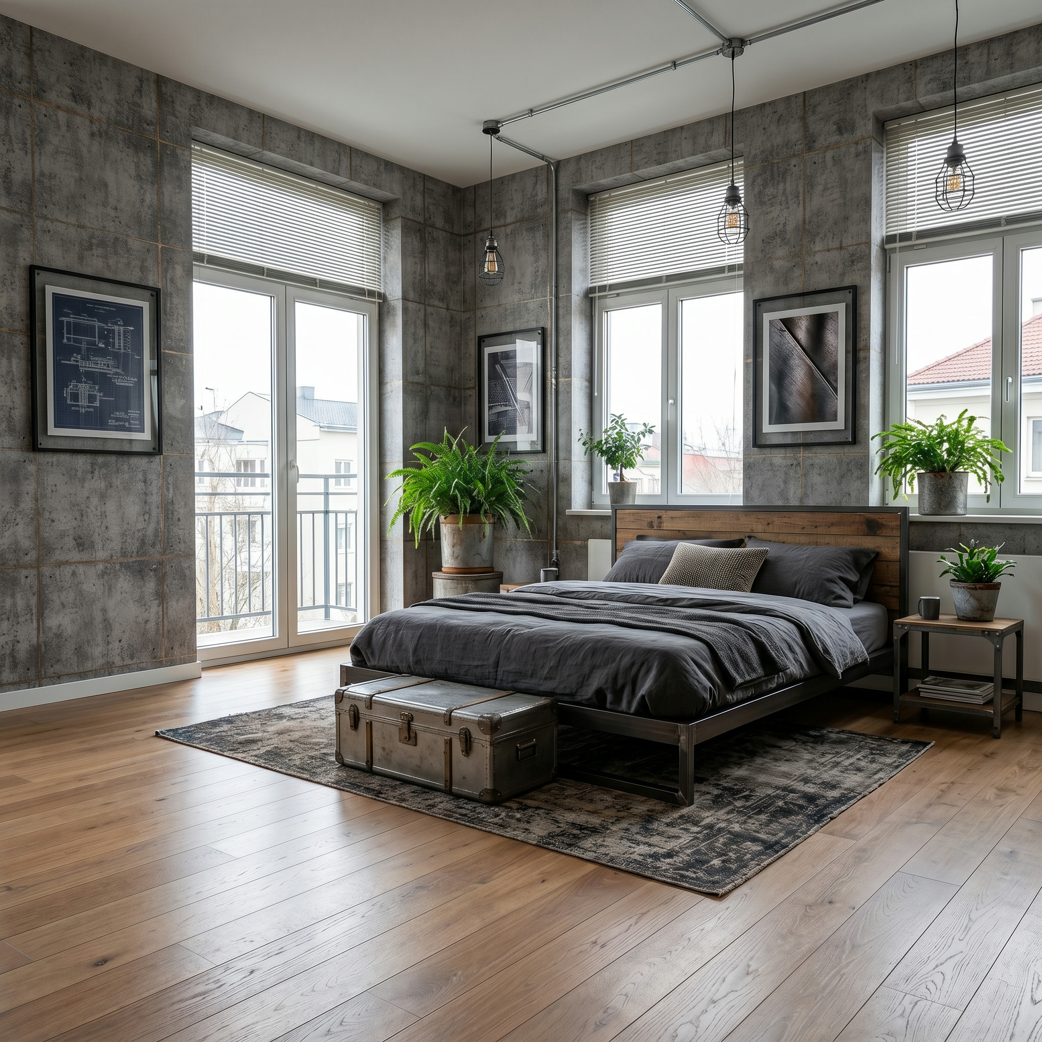 AI-edited industrial bedroom indoor view for Hello World.