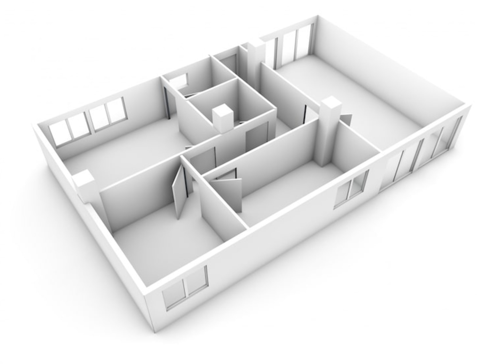 This is a 3D architectural rendering of a floor plan, showcasing the interior layout of a dwelling. The plan features multiple rooms with distinct wall divisions, indicating sep...